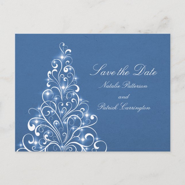 Blue Sparkly Holiday Tree Save the Date Postcard (Front)