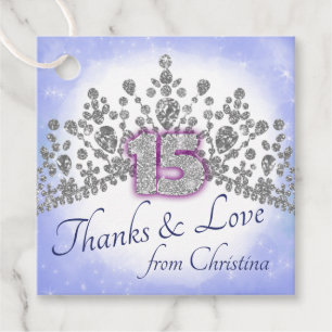 Blue & Sparkly Tiara Quinceanera Favour Tags