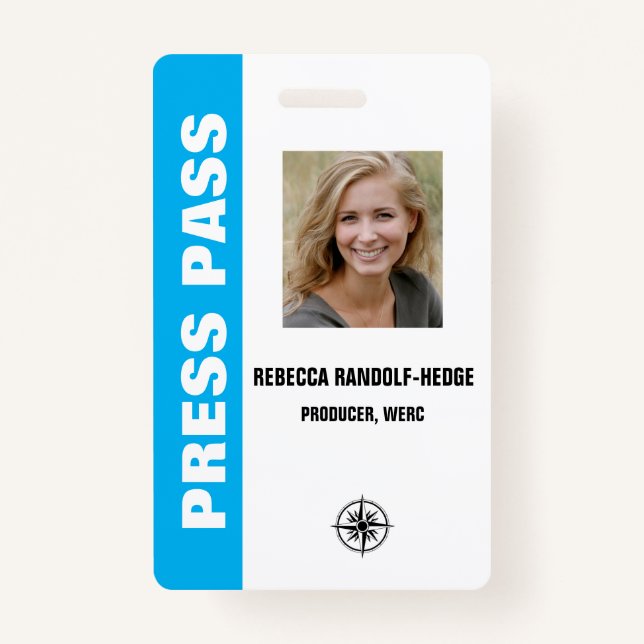 BLUE SPECIAL EVENT PRESS PASS and Photo I.D. ID Badge (Front)