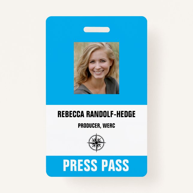 BLUE SPECIAL EVENT PRESS PASS and Photo I.D. ID Badge (Front)