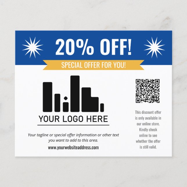 Blue Special Offer Discount Your Logo & QR Code Flyer (Front)