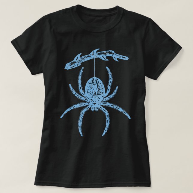 Blue Spider Hanging From Branch T-Shirt (Design Front)