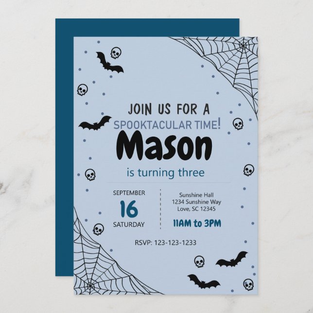 Blue Spider Web Halloween Birthday Invite (Front/Back)