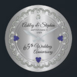 Blue Spinel Diamonds 65th Wedding Anniversary Large Clock<br><div class="desc">Opulent elegance frames this 65th wedding anniversary design in a unique scalloped diamond design with centre teardrop diamond with heart-shaped blue spinel (sapphire blue look) accents and faux added sparkles on a silver-tone gradient. Please note that all embellishments are printed and are only made to appear as real as possible...</div>