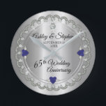 Blue Spinel Diamonds 65th Wedding Anniversary Round Clock<br><div class="desc">Opulent elegance frames this 65th wedding anniversary design in a unique scalloped diamond design with centre teardrop diamond with heart-shaped blue spinel (sapphire blue look) accents and faux added sparkles on a silver-tone gradient. Please note that all embellishments are printed and are only made to appear as real as possible...</div>