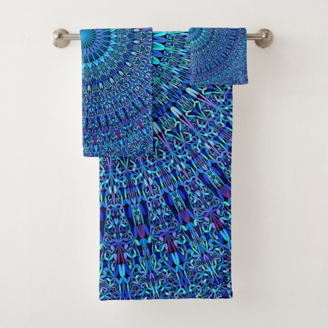 Blue Spiritual Flower Garden Mandala Bath Towel Set (Insitu)