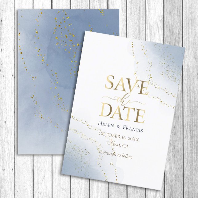 blue splashes and faux gold glitter save the date invitation (Creator Uploaded)