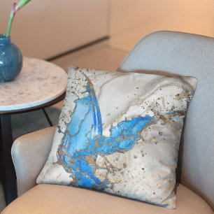 Blue splatter - grey marble and gold cushion