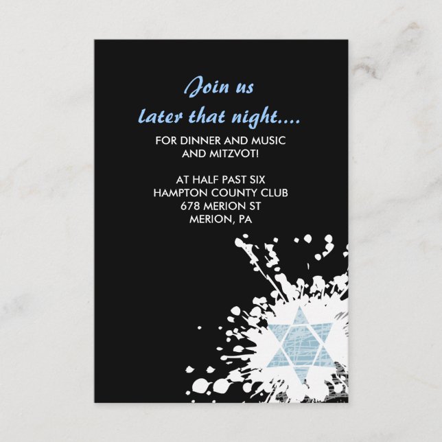 Blue Splatter Star Bar Bat Mitzvah Reception Card (Front)