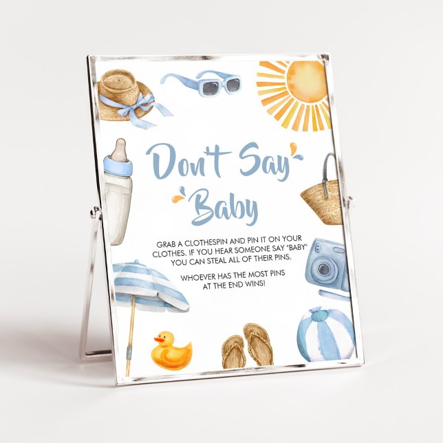 Blue Splish Splash Baby Shower Don't Say Baby Poster (Boy Summer Beach Baby Shower Don't Say Baby Sign)