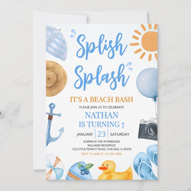Blue Splish Splash Beach Bash Birthday Invitation (Front)