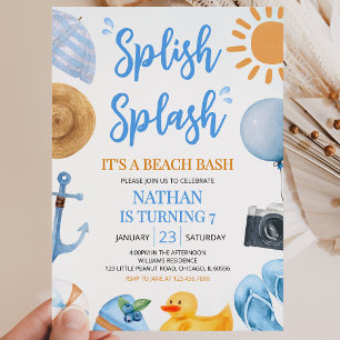 Blue Splish Splash Beach Bash Birthday Invitation