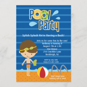 Blue Splish Splash Boys Pool Party Birthday Invite