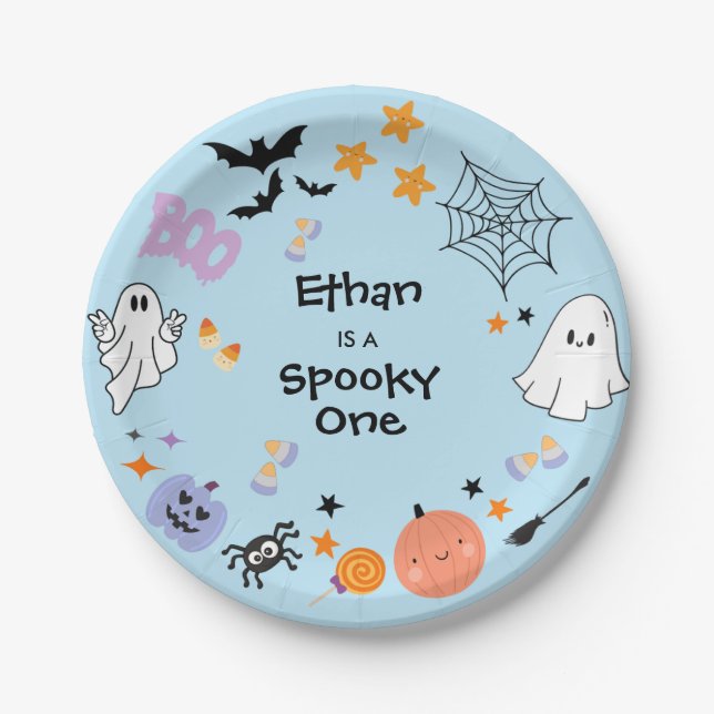 Blue Spooky One Cute Ghost Halloween 1st Birthday Paper Plate (Front)