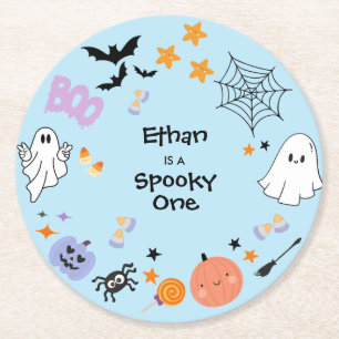 Blue Spooky One Cute Ghost Halloween 1st Birthday Round Paper Coaster
