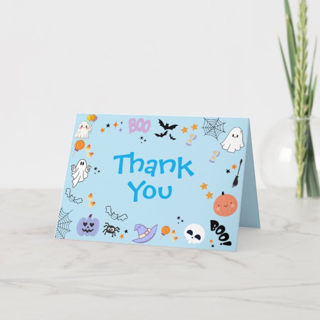 Blue Spooky One Cute Ghost Halloween 1st Birthday  Thank You Card (Front)