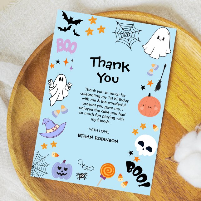 Blue Spooky One Cute Ghost Halloween 1st Birthday Thank You Card (Blue Spooky One Cute Ghost Boy Halloween 1st Birthday Thank You Card   )