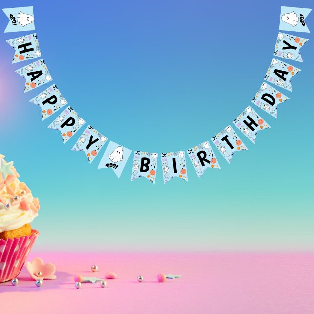 Blue Spooky One Cute Halloween Happy Birthday Bunting (Blue Spooky One Cute Ghost Halloween Happy Birthday Bunting Flags)