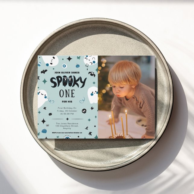 Blue spooky one halloween boy 1st birthday  invitation (Creator Uploaded)