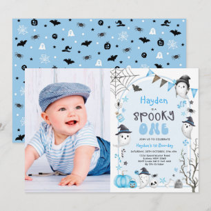 Blue Spooky One Halloween Ghost 1st Birthday Photo Invitation