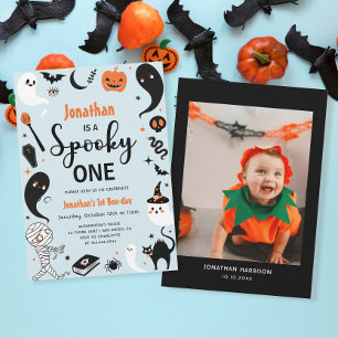 Blue Spooky One Halloween Photo Boy 1st Birthday  Invitation