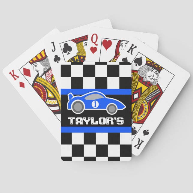 Blue sports auto car name age playing cards (Back)