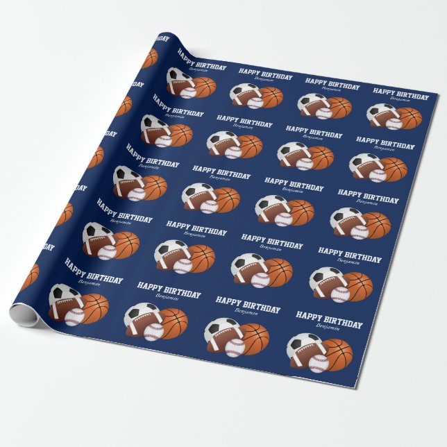 Blue Sports Birthday Wrapping Paper (Unrolled)