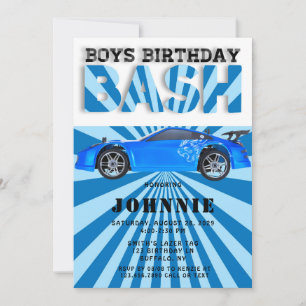 Blue Sports Car Boys Bash Birthday Party Invitation