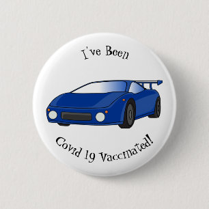 Blue sports car with airfoil illustration 6 cm round badge