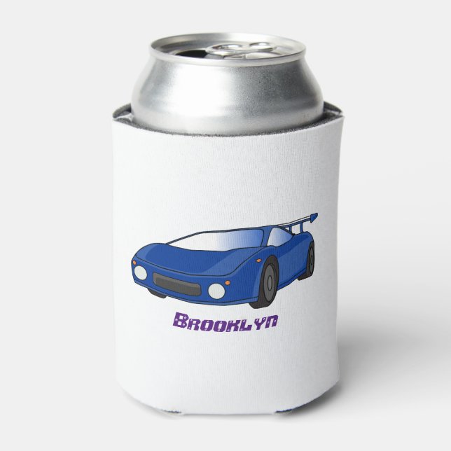 Blue sports car with airfoil illustration can cooler (Can Front)