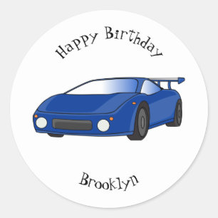 Blue sports car with airfoil illustration classic round sticker