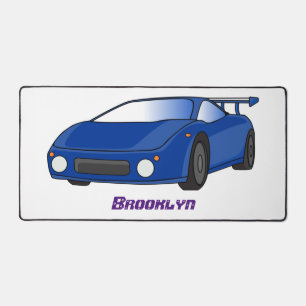 Blue sports car with airfoil illustration desk mat