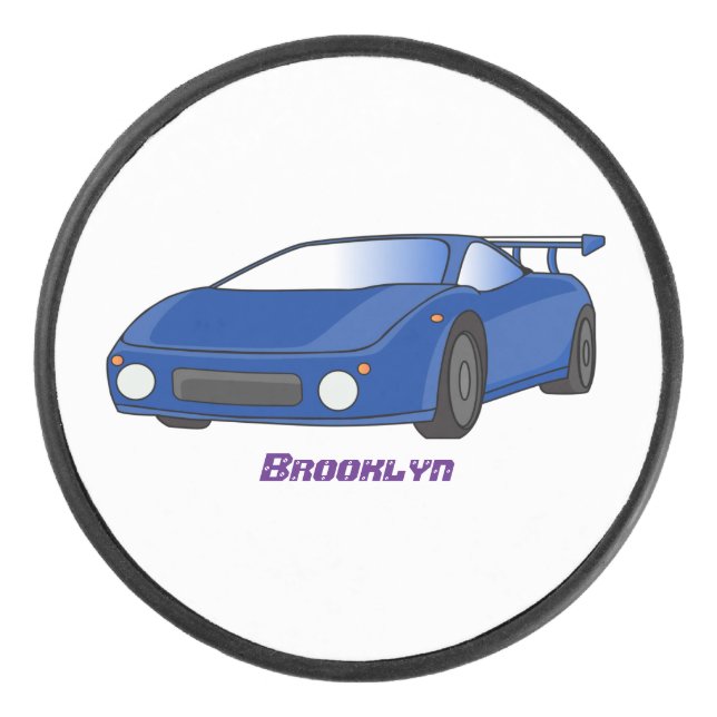 Blue sports car with airfoil illustration  hockey puck (Front)