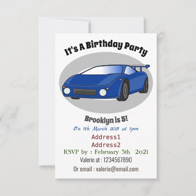 Blue sports car with airfoil illustration invitation (Front)