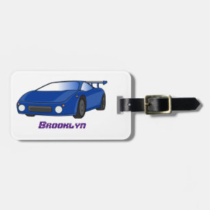 Blue sports car with airfoil illustration luggage tag