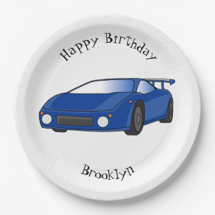 Blue sports car with airfoil illustration paper plate