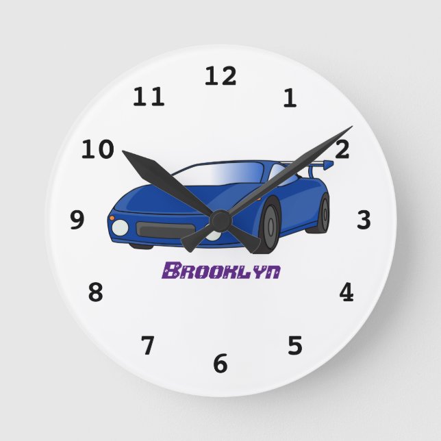 Blue sports car with airfoil illustration round clock (Front)