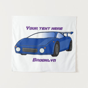 Blue sports car with airfoil illustration  tapestry