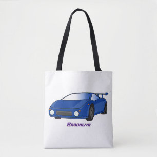 Blue sports car with airfoil illustration tote bag