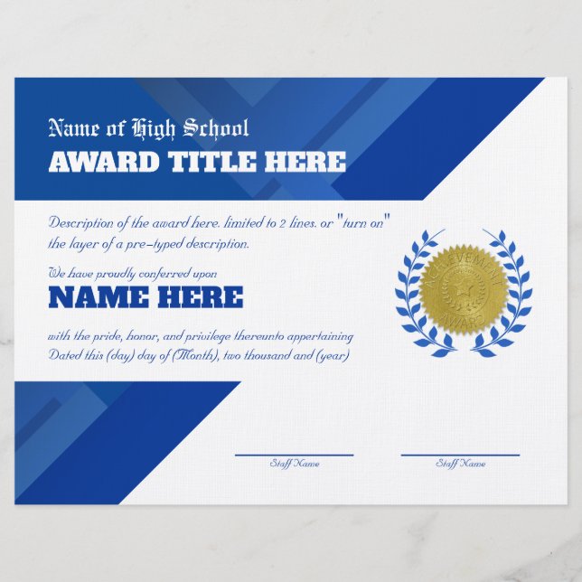 BLUE SPORTS Recognition Award Certificate Custom Letterhead (Front)