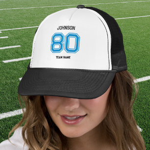 Blue Sports Team Custom Name, Number, Team Black Trucker Hat