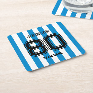 Blue Sports Team Custom Name Number Team Gameday Square Paper Coaster