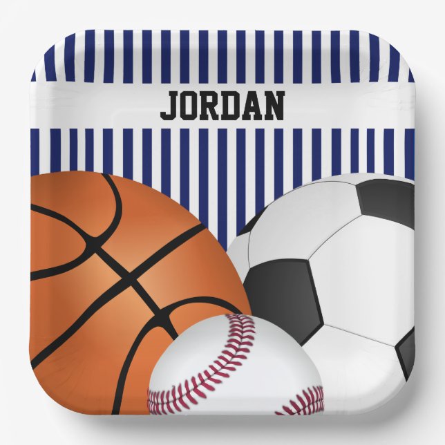 Blue Sports Theme Birthday Paper Plates (Front)
