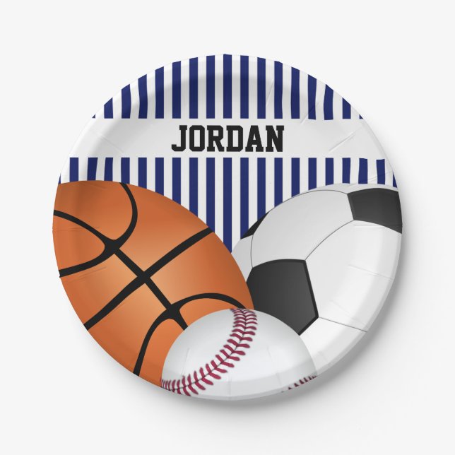 Blue Sports Theme Birthday Paper Plates (Front)