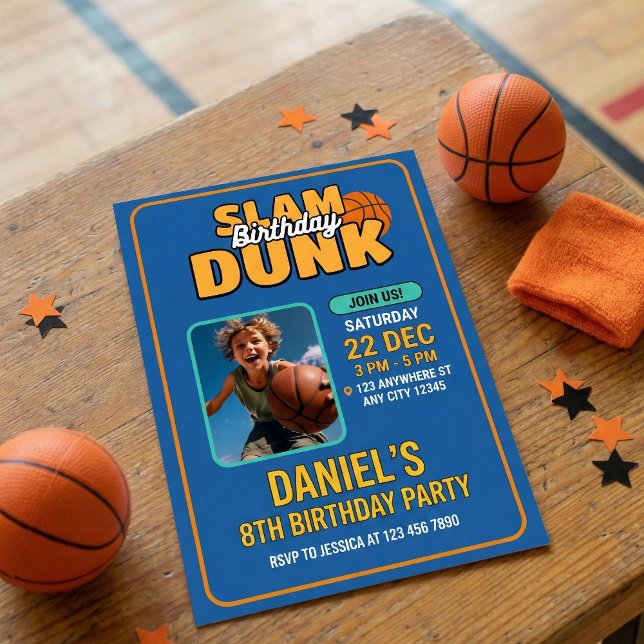 Blue Sporty Basketball Slam Dunk Kids Birthday Invitation (Creator Uploaded)