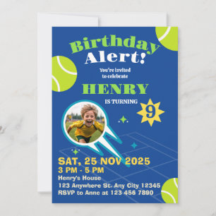 Blue Sporty Tennis Ball Kids Birthday Party Invitation