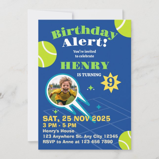 Blue Sporty Tennis Ball Kids Birthday Party Invitation (Front)