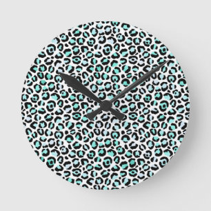 Blue Spots Turquoise Pink Faux Leopard Skin Round Clock