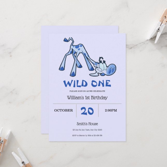 Blue Spotted Giraffe 1st Birthday Invitation (Front/Back In Situ)