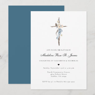 Blue Spring Blooms   Floral Cross Baptism Invitation